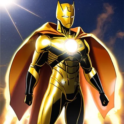 Prompt: solar powered superhero gold suit with flare cape