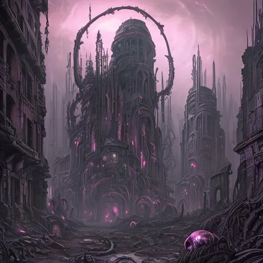 Prompt: extreme long shot concept art depicted old ruined subterrean drow crystal city, dramatic mood, overcast mood, dark fantasy environment, arcane pink glow , dieselpunk, bodyhorror building, mutation flesh, corruption,  art inspired by warhammer and arcane, style art by HR giger, style art by Molly Brown