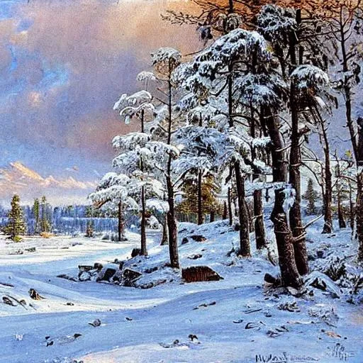 Prompt: Snowy, landscape, beautiful artwork by ivan shishkin