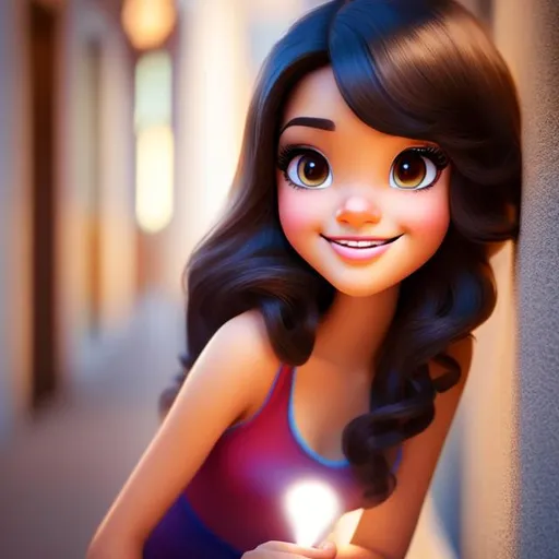 Prompt: Disney, Pixar art style, CGI, girl with light  tan skin, almond shaped black eyes, long curly black hair