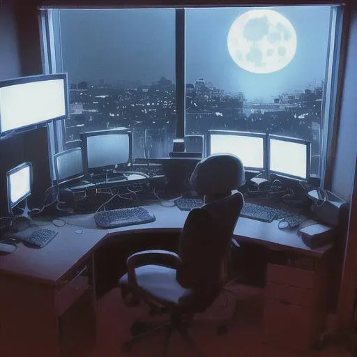 Prompt: Full desk PC gaming setup with dual monitors emitting a blue light.  There is a window nearby the desk. Outside of the window is a full moon and stars at night. Draw this in the style of the Pokemon games