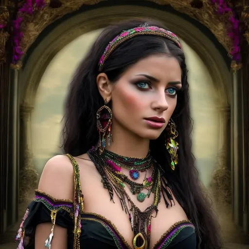 Prompt: professional modeling photo esmerelda as live action human woman hd hyper realistic beautiful gypsy woman black hair olive skin green eyes beautiful face romanian dress and jewelry and tamborine enchanting parisian hd background with live action realistic goat 