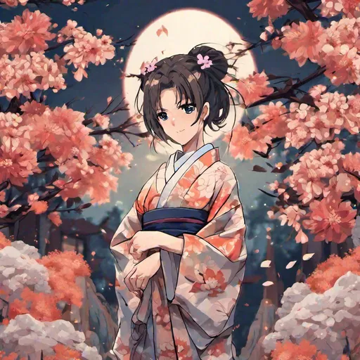 Prompt: obraz w stylu anime , postać boga demonów trzymająca dwie katany, widoczna jest umięśniona sylwetka postaci ubranej w japońskie kimono
