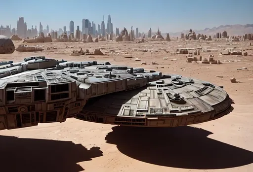 Prompt: Photograph, millenium falcon landing in a desert, dusty Futuristic city in the middle distance.