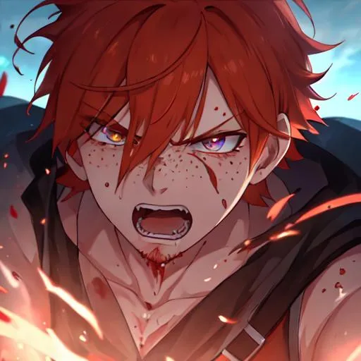 Prompt: Erikku male adult (short ginger hair, freckles, right eye blue left eye purple) UHD, 8K, Highly detailed, insane detail, best quality, high quality,  anime style, in purgatory, yelling, angry, fighting, covered in blood