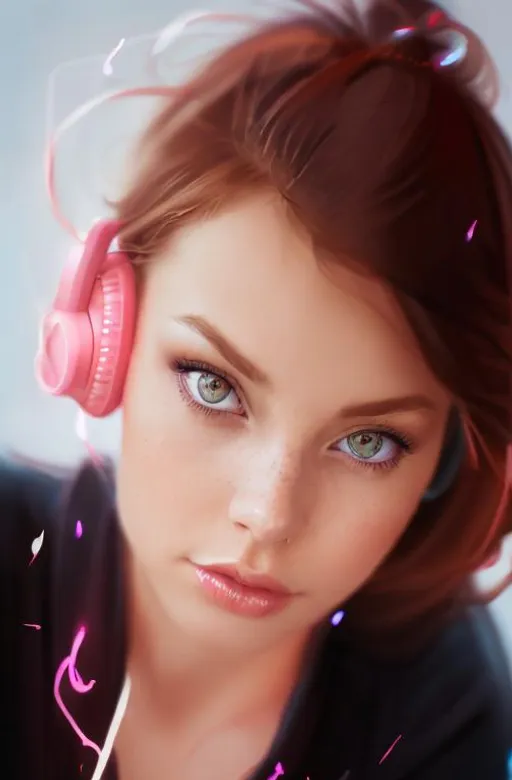 Prompt: Beautiful, princess, dark red haired woman, with sky blue colored eyes, wearing hot pink headphones