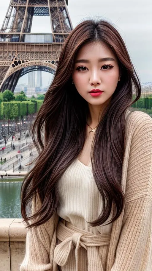 Prompt: Beautiful and sweet girl, hyper detailed perfect face, beautiful korean artist, full body, long legs, perfect body, high-resolution perfect face, perfect proportions, intricate hyperdetailed hair, korean makeup, Wear cardigans outfit , ombre lips, glossy lips, at Eiffel tower background, highly detailed, intricate hyperdetailed shining eyes, ethereal, graceful, HDR, UHD, high res, 64k, cinematic lighting, special effects, 
