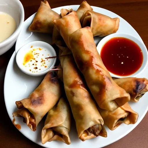Prompt: Create an image of my dinner consisting of ONLY 4 big FRIED spring rolls and ONE bowl of sauce on the side. Exclude any other elements from the table.
