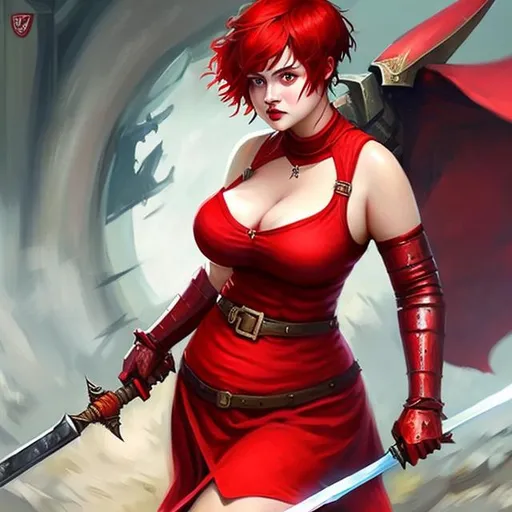 Prompt: red dress, short hair, chubby, Crimson hair, curvy, long spear, realistic face