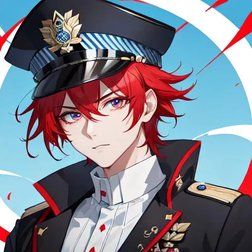 Prompt: Zerif 1male as a male police officer (Red side-swept hair covering his right eye)UHD, 8K, Highly detailed, insane detail, best quality, high quality, wearing a blue male police uniform, anime style, tilting his hat,