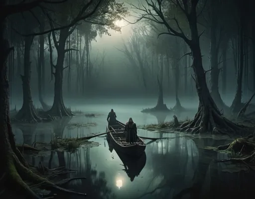 Prompt: Weathered swamp in a dark forest, eerie atmosphere, realistic reflections, high res, gloomy mood, Warhammer fantasy RPG style, realistic, detailed foliage, murky water, haunting, misty, atmospheric lighting, rugged medieval boat with two people