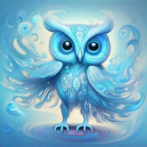 Prompt: Bipedal creature resembling a sky-blue owl, two big eyes, ghostly and floating, ghostly swirls all around , masterpiece, best quality, in iridescent style