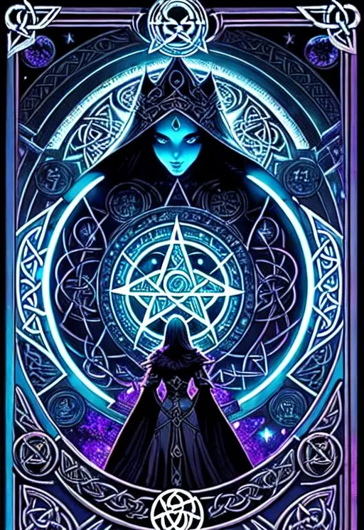 Prompt: tarot card + Celtic goddess, vintage detailed sci-fi illustration designed by Marc Simonetti and Mike Mignola + psychedelic black light style + intricate ink illustration + symmetry + bloodborne, pentagram 