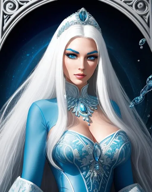Prompt: A beautiful 25 ft tall 30 year old ((British)) Water elemental Queen with light skin and a beautiful face. She has long white hair with a part in the top and white eyebrows. She wears a beautiful slim blue dress. She has brightly glowing blue eyes and water droplet shaped pupils. She wears a blue tiara on her head. She has a blue aura around her. She is standing in a blue throne room looking at you. Beautiful scene art. Scenic view. Portrait art. {{{{high quality art}}}} ((goddess)). Illustration. Concept art. Symmetrical face. Digital. Perfectly drawn. A cool background. Five fingers. Full body view. No portrait. No black background. Front view. Full body view