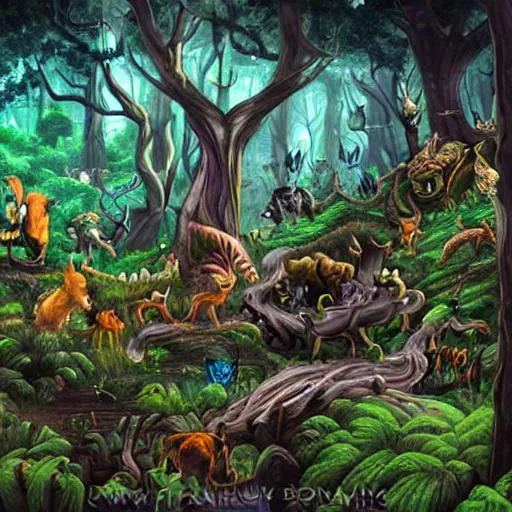 A fantasy forest full of creatures | OpenArt