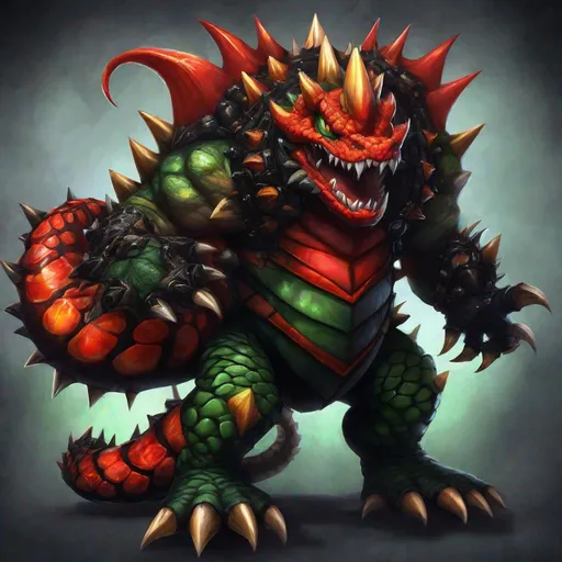 Prompt: Bowser, red and orange scales, black and red latex outfit, red snake-like eyes, dull-green shell with black spikes, masterpiece, best quality, in dark fantasy art style
