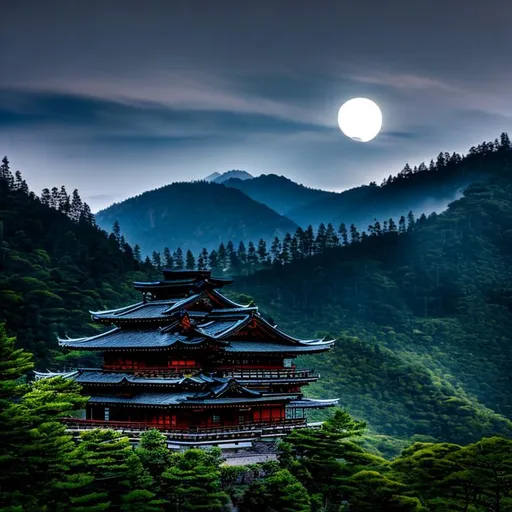 Prompt:  house, horror, at midnight ,  full moon shining bright , mountain , dark forest , fire's ,  two samurai  fight