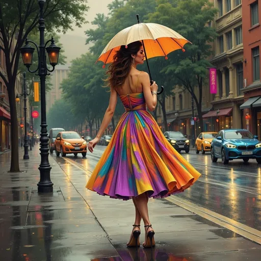 Prompt: a woman in a dress and umbrella walking in the rain on a city street with cars, Art Frahm, american scene painting, kinkade, an art deco painting