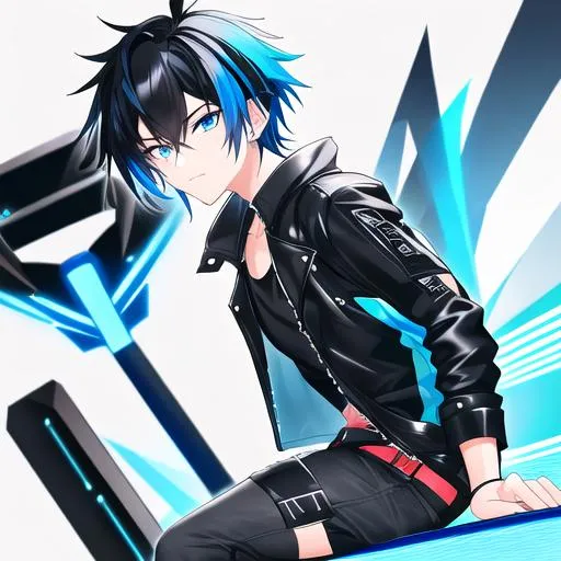 Prompt: Tetsu 1male. Short black hair with vibrant streaks of electric blue, that gives off an eye-catching look. Soft and mesmerizing blue eyes. Wearing a black leather jacket with a dark gray t-shirt underneath that adds a subtle contrast to the outfit. Cool and edgy, black skinny jeans. Holding a camera. UHD, 8K, photography equipment in the background. At a photoshoot