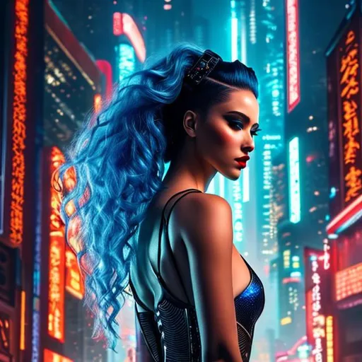 Prompt: Incredibly detailed photograph of a sensual woman in futuristic cyberpunk clotes style, long hair and blue hair, red lips, full body view, altered carbon city