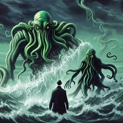 Prompt: cthulhu rising from the sea  and a person looking at the monster  