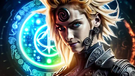 Prompt: CGI, 4K high resolution, modern style, solar puck, anime, vortex, Farscape, bio-organic machine, Naruto, smirking, intricate light brown hair with blonde streaks, sheer clothing, cleavage, surrounded by alchemy symbols