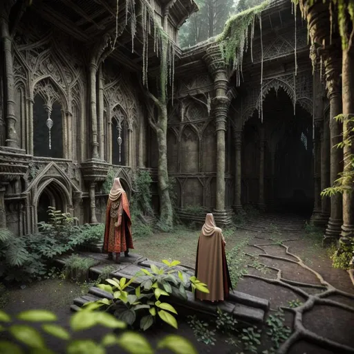 Prompt: wandering nomad wizard female, multilayred outfit, cloak and cape, intricate detail,  show old apocalyptic city wasteland overgrown by oppressive huge forest, vines, plants and roots growing, cracking through walls, 3d render,  high detail, 