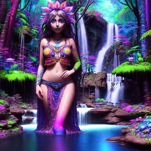 Prompt: Psychedelic, Happy, Dark, cinematic lighting, 3D, HD, [{Beautiful! Gorgeous! Female}Hippie, Beautiful big eyes], expansive magical waterfall background, hyper realistic, uber detailed, 64k, high quality, sharp focus, intricate details, highly detailed --s98500