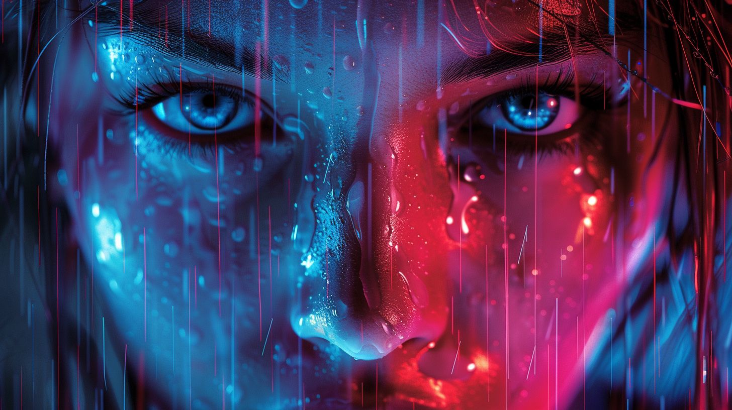 Prompt: a woman's face with bright lines and rain drops on it, and the image of a woman's face is painted red and blue, Android Jones, computer art, affinity photo, cyberpunk art