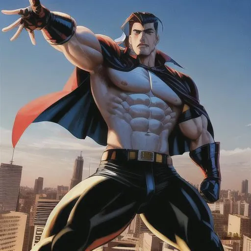 Prompt: ((in the style of Marvel Comics)), action-packed, dynamic, muscular, with a powerful pose and an intense look in his eyes, Rap God stands tall, towering over the city skyline. His flowing cape ripples behind him as he prepares to take flight, his silver microphone held tightly in hand, ready to deliver a powerful rap that will strike fear into the hearts of evil-doers. With lightning bolts crackling around him, debris flying everywhere, and buildings crumbling in the background, there's no mistaking that this is one Superhero you don't want to mess with.