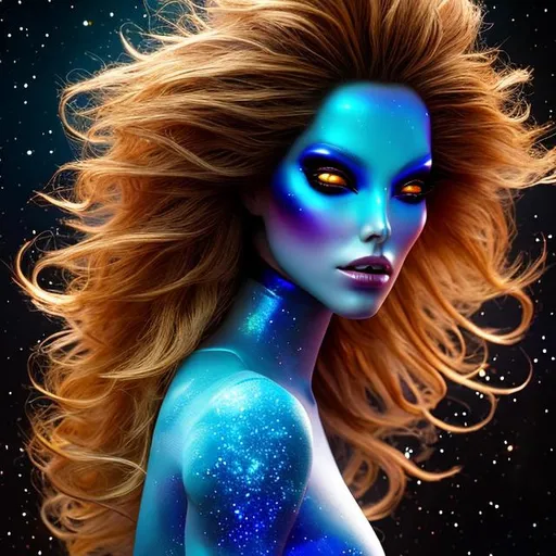 Prompt: An Alien, a stranger, an exotic princess from Tau Ceti. Starlight. Translucent, holographic, airy, light. Wild, unbridled, impulsive. Orange, bronze, gold, and black. mixed media in the style of Boris Vallejo and Luis Royo. Brown-blond hair. Hair straight, shaggy, thin, and windswept. Detailed hair. Curls at the forehead.  Their right eye is half covered by a hairpin. Eyebrows thin. (((Eyes green and blue))), almond-shaped. Nose straight, thin. Lips half open. Lips natural color. (((Stardust on cheeks))). The left side of the face 60% covered with (((tattoos))) and (((implants))). Tattoos, implants bronze and gold. Implant thin lines. Detailed tattoos, implants. (((Head and face portrait.))) Digital 3D Art, perfect composition, beautiful detailed intricate crazy detailed octane render trendy art-station, 8 k art photography, photo-realistic concept.