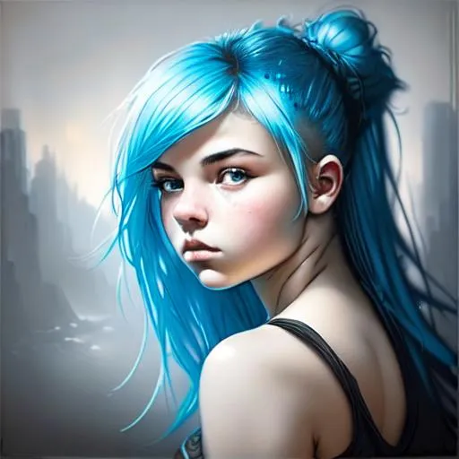 Prompt: Portrait of beautiful young girl with blue hair and with cute face, at night, perfect composition, hyperrealistic, super detailed, 8k, high quality, trending art, trending on artstation, sharp focus, studio photo, intricate details, highly detailed, by greg rutkowski