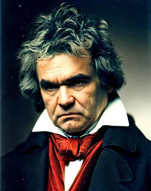 Prompt: Realistic and detailed colored Photography of Beethoven in a serious posture and grumpy mood 