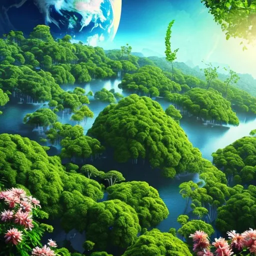 Prompt: earth with full of greenery and flowers, looking photorealistic 
