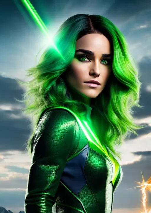 Prompt: High-resolution hyperrealistic photo of x-man rogue merged with polaris lorna dane, green hair with white streak, green and gold costume, uhd, hdr, 64k