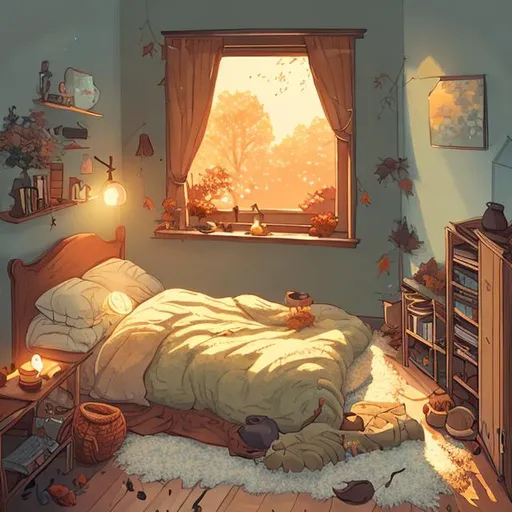 Prompt: cozy autumn illustration scenery a cozy bedroom by steve mcdonald using warm colors and greens demizu posuka style