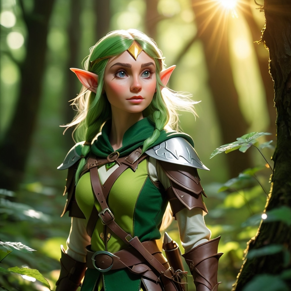 Elf ranger in a mystical forest around sunlight