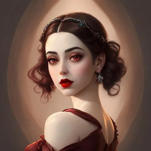 Prompt: Ethereal fantasy image detailed painting by Tim burton and artgerm portrait of a beautiful 1920's high class young aristocrat female with dark brown eyes perfect cherry red lips wearing a very beautiful formal gown,  artgerm, award-winning cgi, blender 