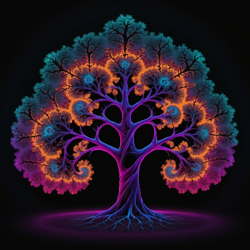 Mandelbrot set like a tree, light neon on dark backg...