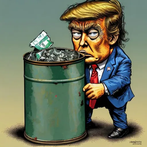 Prompt: dark-blue-suit-Trump-Caricature: Tattered one green dollar note sticking out of a rusty tin can of tattered beggar Trump's rusty tin can, too long red tie + tattered darkblue suit, Trump sitting on court steps, bright colored Sergio Aragonés MAD-magazine style