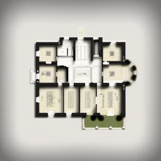 Prompt: 
Architectural floorplan depicting a transformed house into a zoo featuring habitats for various animals including zebras, giraffes, lions, penguins, and crocodiles. The design incorporates theatrical elements, employing a monochrome aesthetic captured in a black and white CAD drawing against a white background. The floorplan outlines the arrangement of enclosures, pathways, and water features strategically placed throughout the space.