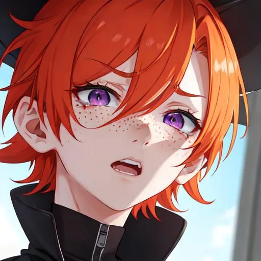 Prompt: Erikku male adult (short ginger hair, freckles, right eye blue left eye purple) UHD, 8K, Highly detailed, insane detail, best quality, high quality,  anime style, in purgatory, yelling, upset, crying out for help