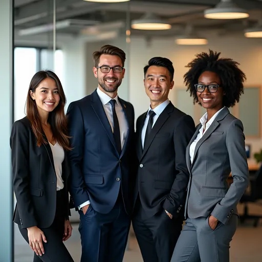 Prompt: Une équipe de 4 personnes avec un product manager féminin de type caucasien, un tech leader caucasien en costume cravate, un développeur informatique coréen et un commercial afro américain dans les bureaux d'une société spécialisée dans la finance décentralisée et la blockchain. tous agés entre 25 et 35 ans