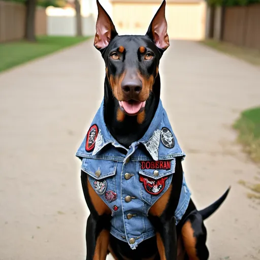 Prompt: Doberman wearing a heavy metal music denim vest with patches