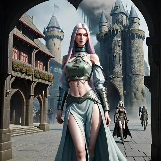 Prompt: Realistic futuristic dystopian landscape, heavy mist, Medieval Castle Town Square,

Depicting a female High Fantasy style Dhamani, an exquisite portrayal of an exotic, gorgeous, slender, long random colored hair, random style hair, ultra realistic young adult woman, wearing a heavy iron collar,

Gorgeous perfectly detailed facial features, long legs, sumptuous perfect body, ultra pale, visible midriff,

Perfect studio lighting, perfect shading, Professional Photo Realistic Image, RAW, artstation, splash style dark fractal paint, contour, hyper detailed, intricately detailed, unreal engine, fantastical, intricate detail, steam screen, complimentary colors, fantasy concept art, 64k resolution, deviantart masterpiece, splash arts, ultra details, Ultra realistic, hi res, UHD, complete 3D rendering.