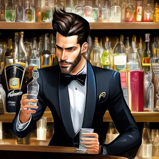 Prompt: Digital art, epic perspective, a modern cafe art rendition of a very handsome and dapper man, clean cut with longish dark brown hair and beautiful hazel eyes, wearing a striped, 1940’s inspired, zoom suit, seated at a bar, the man is remarkably beautiful in face and form with modern 2023 styled, silky, dark emo hair with a martini in his hand. Hyper detailed, mood lighting, in the style of Jack Vettriano