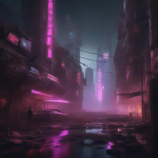 Prompt: destroyed cyberpunk LED city
