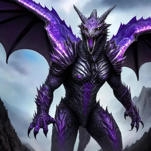 Prompt: A dragon humanoid with silver scales with horns purple eyes with slit pupils and a long tail sharp teeth and night wings on their back and they have claws on their fingers 