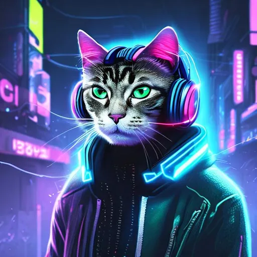 Prompt: Super futuristic cat neon with headphones and a jacket in a futuristic city portrait