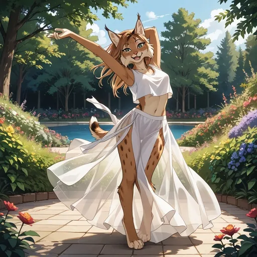 Prompt: ultra-detailed, best_quality, alluring lynx girl furry, dancing in her garden,  wearing crop top,  translucent long slit skirt